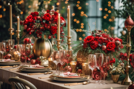 festive table setting decorated with candles and flowers generative ai.の素材
