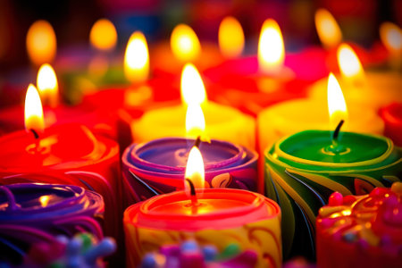 burning candles of different colors close-up generative ai.の素材