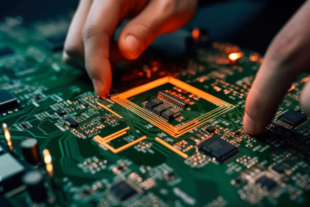 close-up of the hand of the master on the computer board generative ai.の素材