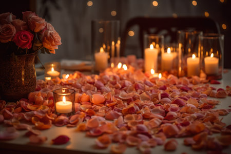 the table is strewn with scarlet rose petals and candles are burning, a romantic atmosphere generative ai.の素材