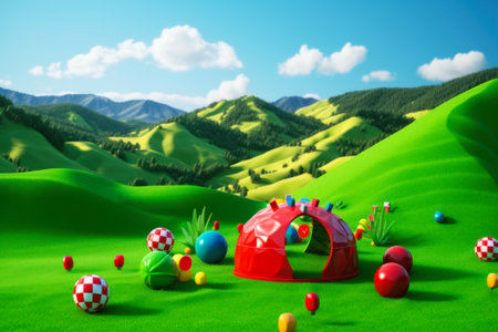 multi-colored geometric shapes are scattered across a clearing on a green hilly area generative ai.の素材