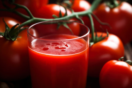 a glass with fresh tomato juice on a background of red ripe tomatoes close-up generative ai.の素材