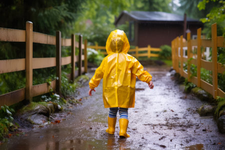 back view of a child in a yellow raincoat and yellow rubber boots playing outside in the rain generative ai.の素材