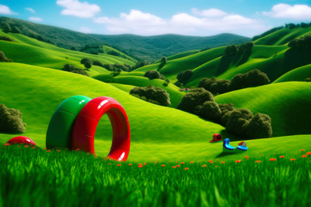multi-colored geometric shapes are scattered across a clearing on a green hilly area generative ai.の素材