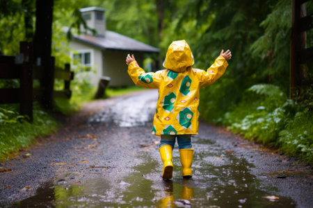 back view of a child in a yellow raincoat and yellow rubber boots playing outside in the rain generative ai.の素材