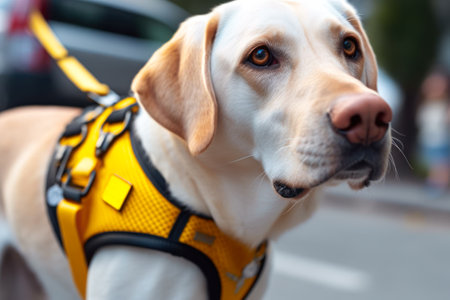 guide dog labrador in yellow harness generative ai.の素材
