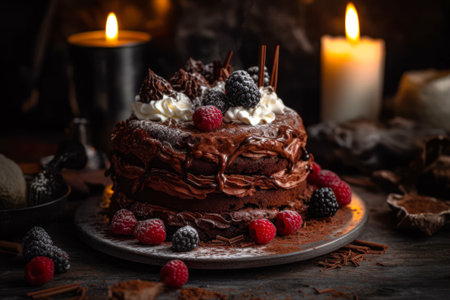chocolate cake with berries and whipped cream on a wooden table on a dark background, dessert on a festive table generative ai.の素材