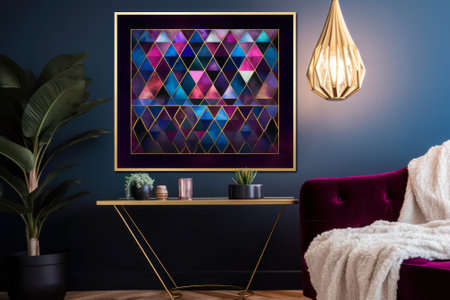 room interior in cold marine tones and the image of a geometric abstract pattern generative ai.の素材