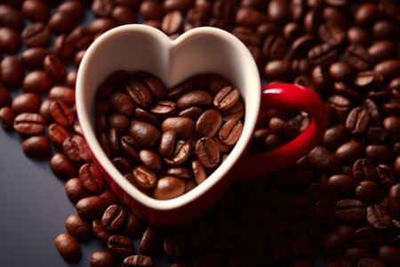 a cup of coffee with a heart and coffee grains on a dark background top view, morning favorite drink generative ai.の素材