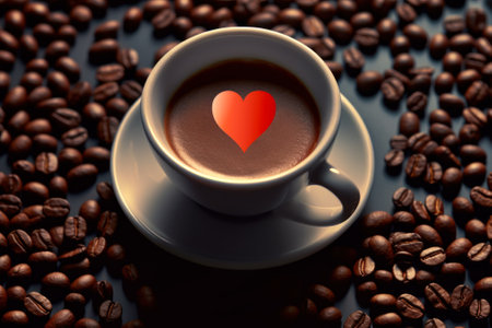 a cup of coffee with a heart and coffee grains on a dark background top view, morning favorite drink generative ai.の素材