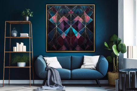 room interior in cold marine tones and the image of a geometric abstract pattern generative ai.の素材