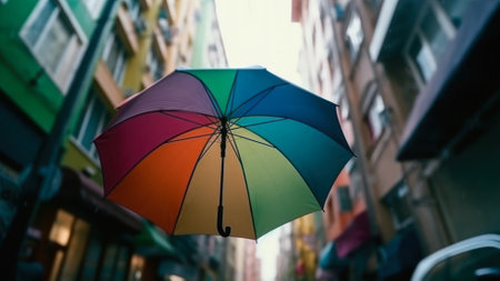 colorful umbrella on the background of a narrow city street rainy weather generative ai.の素材
