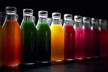 colorful fruit and berry juices in glass bottles generative ai.の素材