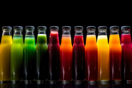 colorful fruit and berry juices in glass bottles generative ai.の素材