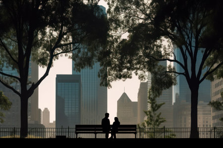 couple in love resting on a bench in the city park generative ai.の素材
