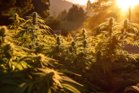 mature cannabis bushes outdoors in sunlight generative ai.の素材