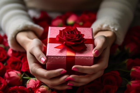 woman holding a gift box with red ribbon on flower background generative ai.の素材