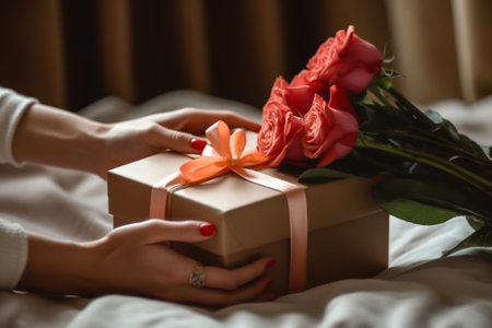 the girl received a gift with flowers generative ai.の素材