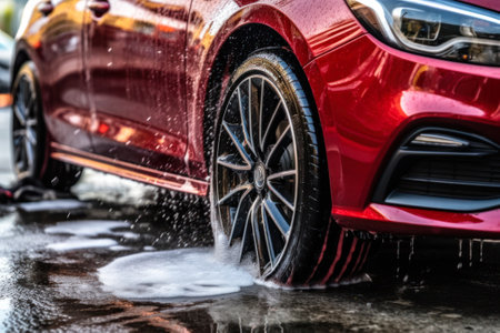 car wash, car wheel in soapy water generative ai.の素材