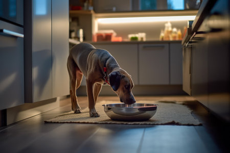 dog eating from a bowl in the kitchen generative ai.の素材