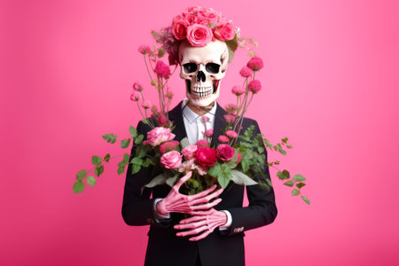 skeleton emo with bouquet gift flowers generative ai.の素材