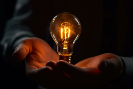 glow incandescent lamp in hands, electricity business idea generative ai.の素材