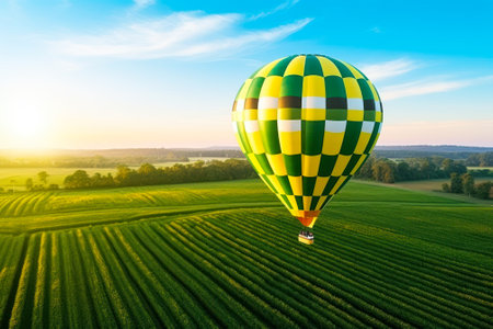 hot air balloon over a green meadow generative ai.の素材
