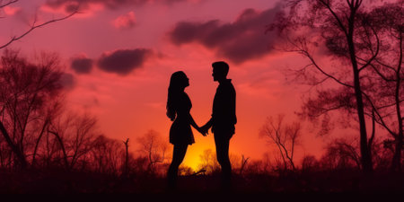 couple in love on the background of the sunset sky and red sun generative ai.の素材