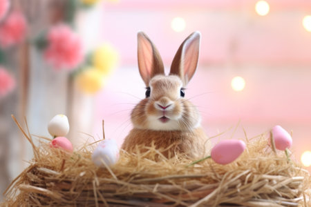 easter bunny and eggs in a meadow in the reeds generative ai.の素材