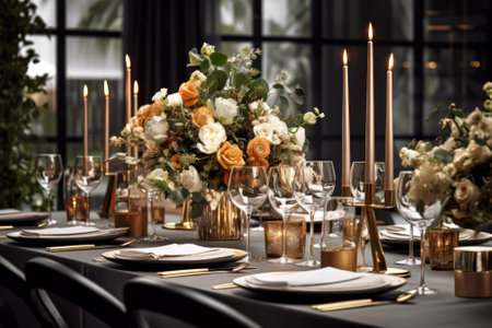 wedding banquet table with crockery and candles generative ai.の素材