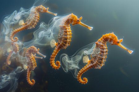 A group of vibrant orange seahorses swims elegantly in the calm sea, showcasing their unique shapes while surrounded by gentle bubbles and a tranquil atmosphere.の素材