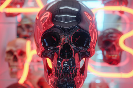 A collection of decorative skulls is showcased against a vibrant backdrop of neon lights. The atmosphere is artistic, with a striking contrast between the dark skulls and glowing colors.の素材
