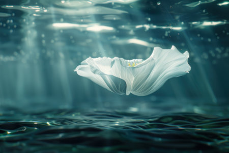 A delicate white flower floats on the calm water surface, surrounded by shimmering reflections and soft beams of light filtering through. The tranquil setting creates a peaceful atmosphere.の素材