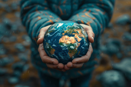 A person holds a detailed globe in their hands, showing geographical features, amidst a blurred natural background, emphasizing themes of care for the earth and global responsibility.の素材