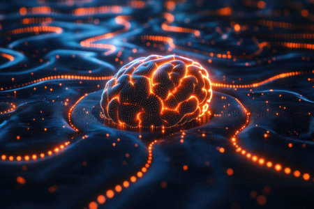 An intricate representation of a brain emerges from a dark, fluid background, surrounded by glowing lines and dots that suggest a vibrant neural network.の素材