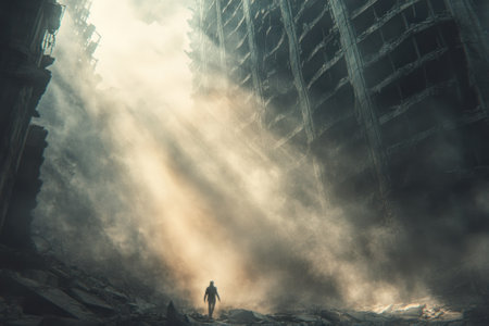 A solitary figure walks through the ruined remnants of a collapsed building, surrounded by swirling dust and muted light, evoking a sense of loss and mystery.の素材