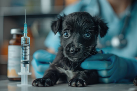 A small black puppy with big eyes sits on a table at a veterinary clinic. A vet in gloves prepares a vaccination syringe beside the puppy, ensuring its well-being.の素材
