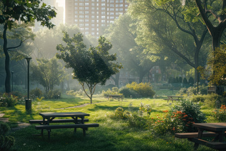 Sunlight filters through tall trees in a vibrant park filled with picnic tables. The tranquil atmosphere invites relaxation amid greenery and flowers, creating a serene escape from city life.の素材