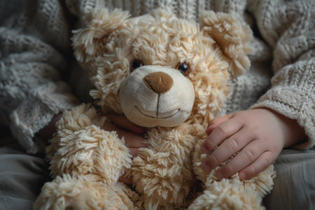A child sits comfortably, clutching a fluffy teddy bear against a backdrop of soft lighting. The child wears a cozy sweater, suggesting a tranquil afternoon vibe.の素材
