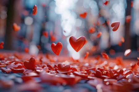 A vibrant display of red hearts scattered across the ground fills the city street with joy during a lively celebration. Cobblestone pathways glisten in the light.の素材