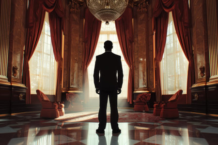 A man stands in silhouette in a grand room filled with rich decor and luxurious furnishings. Sunlight streams through tall windows, casting shadows and illuminating the elegant space.の素材