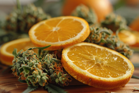 Sliced orange and vibrant green cannabis buds are beautifully arranged on a wooden surface, illuminated by soft natural light in a warm kitchen atmosphere.の素材