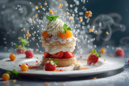 A dessert tower made of layers of sponge cake, whipped cream, and topped with strawberries, oranges, and mint leaves sits on a plate. Powdered sugar and a sprinkle of crumbs enhance its appeal.の素材