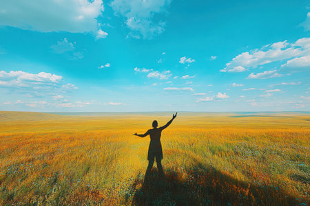 Individual raises arms in celebration amidst a golden landscape under an expansive sky.の素材