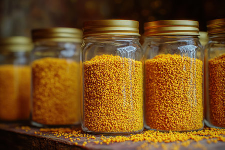 Jars packed with bright yellow spice are arranged on a rustic wooden table, glowing in gentle light.の素材