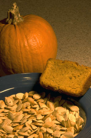 Pumpkin, pumpkin bread, and pumpkin seedsの写真素材
