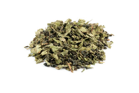 Mix of green tea "Gunpowder" and mint from Morocco isolated on whiteの写真素材