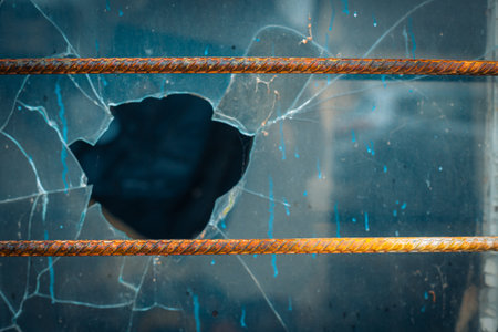 Broken glass on the background of a building with a hole.の写真素材