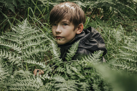 The boy was hiding in the forest. The child hid in the ferns. Soft selective focusの写真素材
