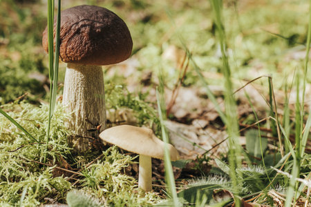 Mushroom Boletus edulis growing in the forestの写真素材